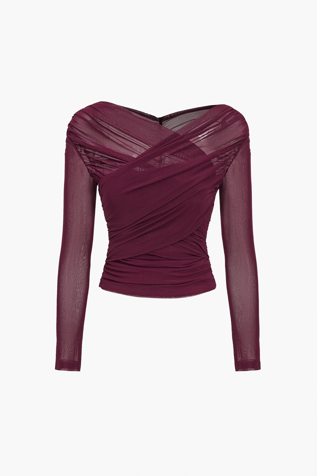 Therese Sheer Mesh Cross Front Ruched Fitted Long Sleeve Top - Wine Red