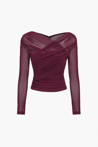 Therese Sheer Mesh Cross Front Ruched Fitted Long Sleeve Top