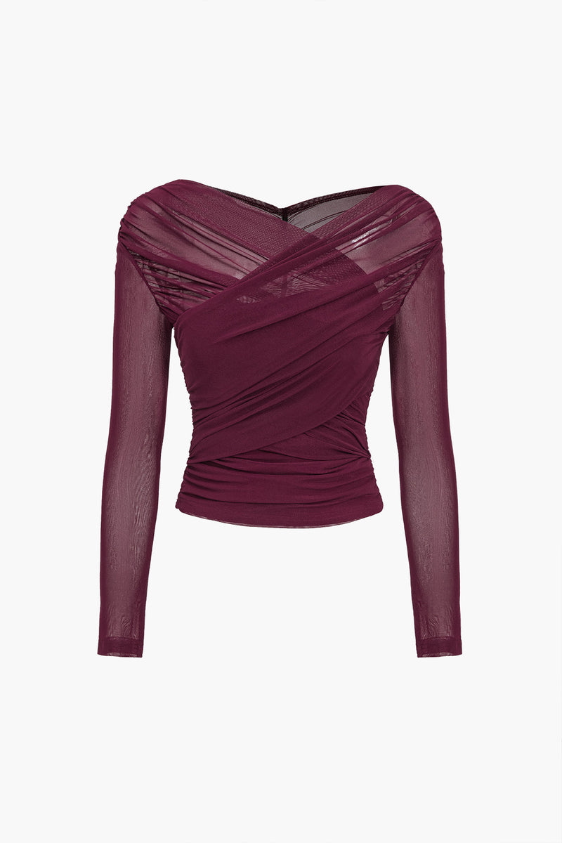 Therese Sheer Mesh Cross Front Ruched Fitted Long Sleeve Top