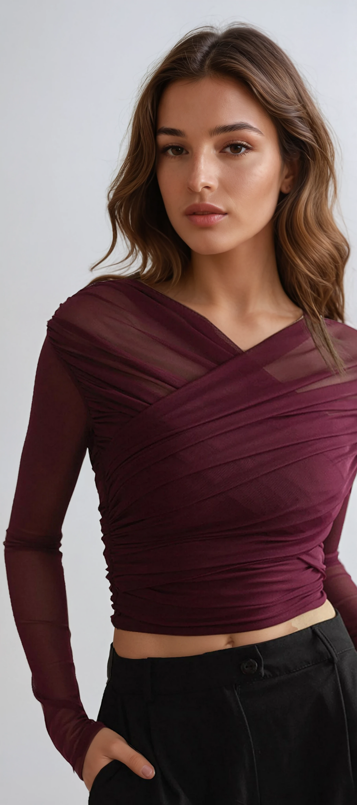 Therese Sheer Mesh Cross Front Ruched Fitted Long Sleeve Top