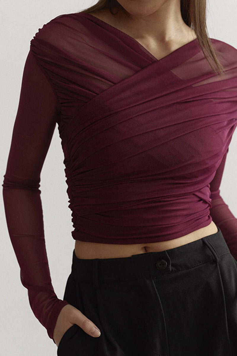 Therese Sheer Mesh Cross Front Ruched Fitted Long Sleeve Top