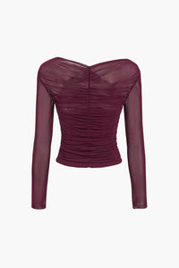 Therese Sheer Mesh Cross Front Ruched Fitted Long Sleeve Top