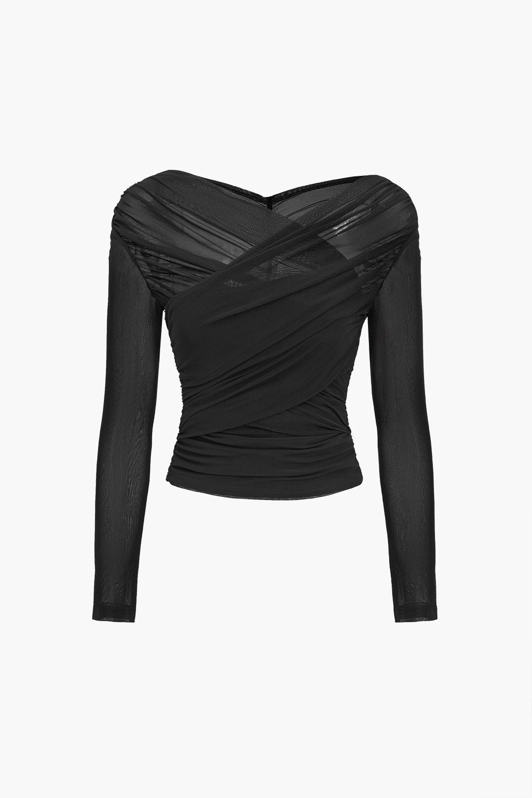 Therese Sheer Mesh Cross Front Ruched Fitted Long Sleeve Top - Black