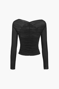 Therese Sheer Mesh Cross Front Ruched Fitted Long Sleeve Top
