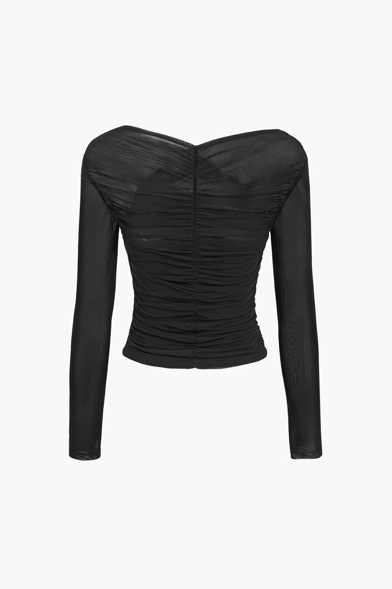 Therese Sheer Mesh Cross Front Ruched Fitted Long Sleeve Top