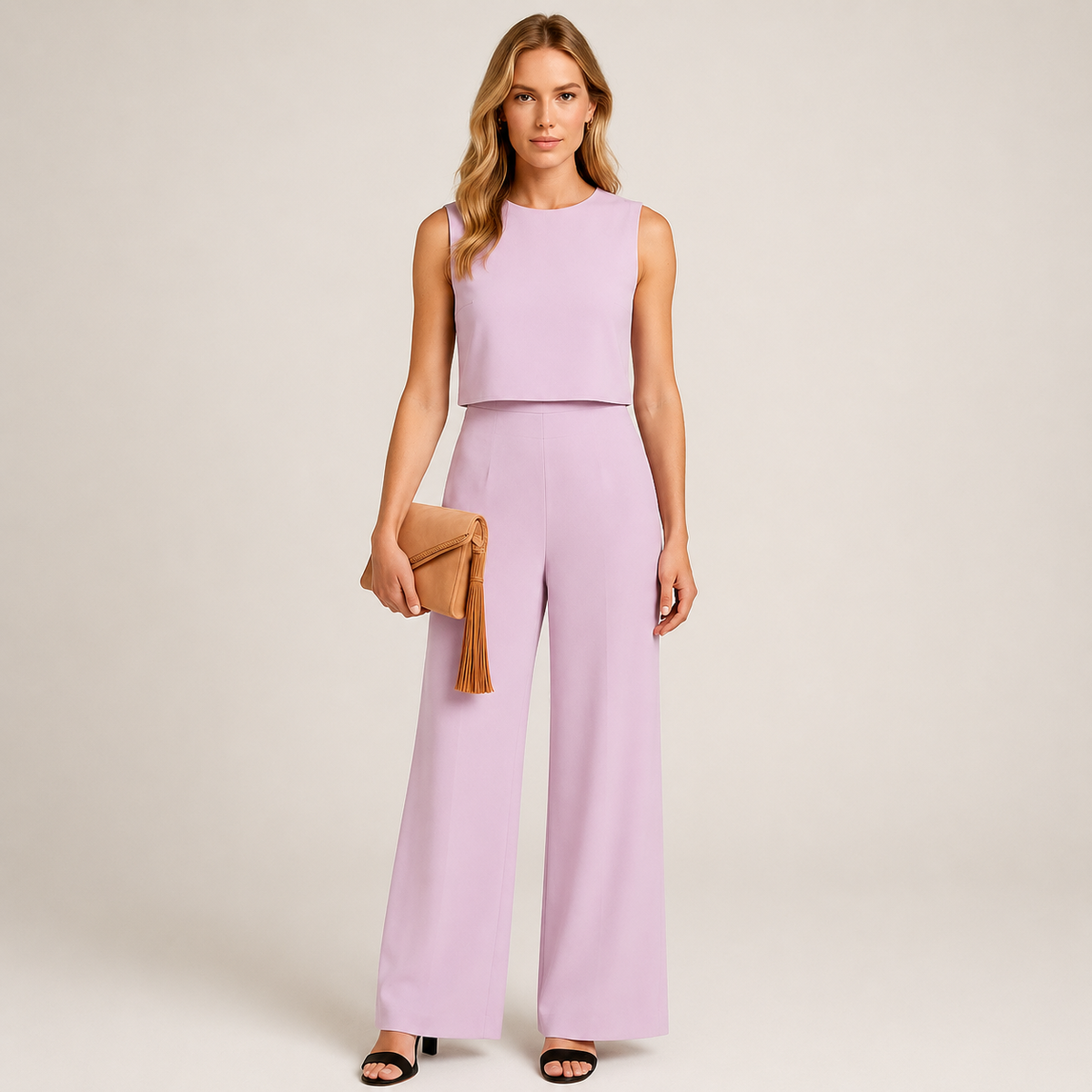 Felicity High Neck Sleeveless Wide Leg Tailored Jumpsuit - Pink