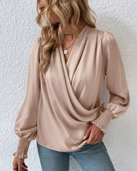 Violaine Draped Wrap Front Blouson Sleeve Shirred Cuff Blouse