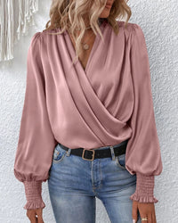 Violaine Draped Wrap Front Blouson Sleeve Shirred Cuff Blouse