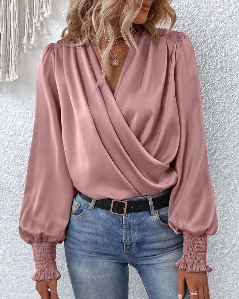 Violaine Draped Wrap Front Blouson Sleeve Shirred Cuff Blouse