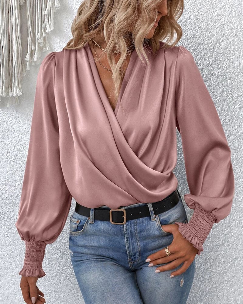 Violaine Draped Wrap Front Blouson Sleeve Shirred Cuff Blouse