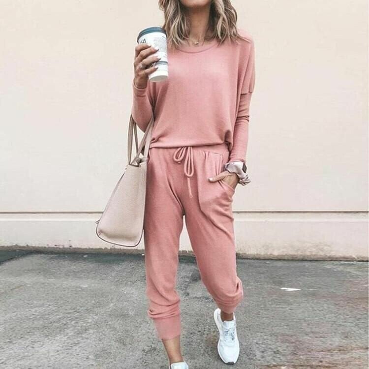 Jolie Brushed Sweatshirt and Tapered Drawcord Jogger Set - Pink
