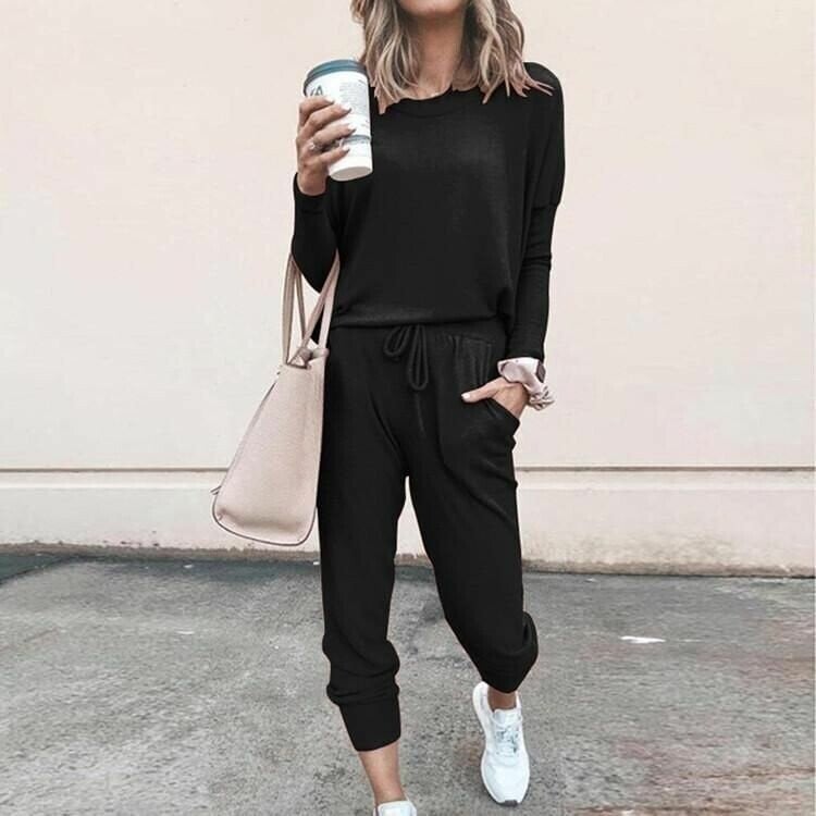 Jolie Brushed Sweatshirt and Tapered Drawcord Jogger Set - Black