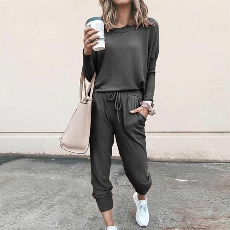 Jolie Brushed Sweatshirt and Tapered Drawcord Jogger Set - Dark Gray