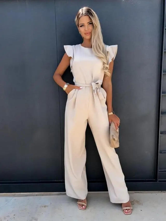 Georgina Ruffle Shoulder Tie Waist Wide Leg Jumpsuit - Beige