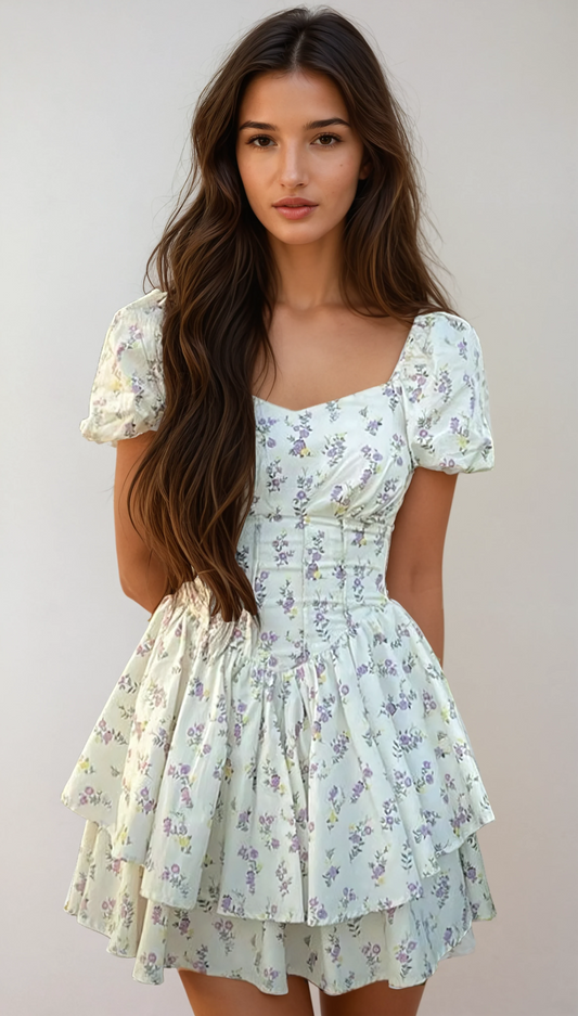 Oceane Ditsy Floral Puff Sleeve Corset Tiered Hem Mini Dress