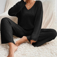 Tara Ribbed V Neck Knit and Wide Leg Trouser Lounge Set