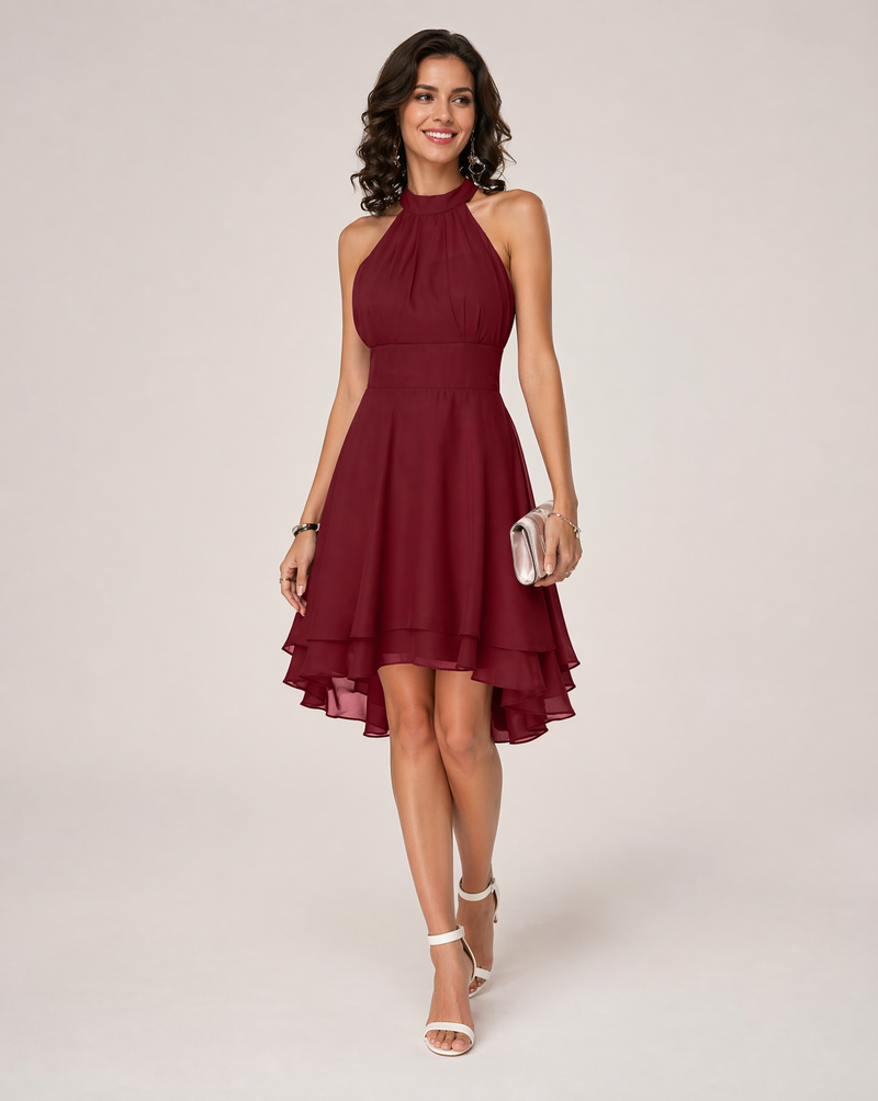 Fabienne Halter Neck Gathered Bodice High Low Hem Midi Dress