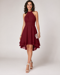Fabienne Halter Neck Gathered Bodice High Low Hem Midi Dress