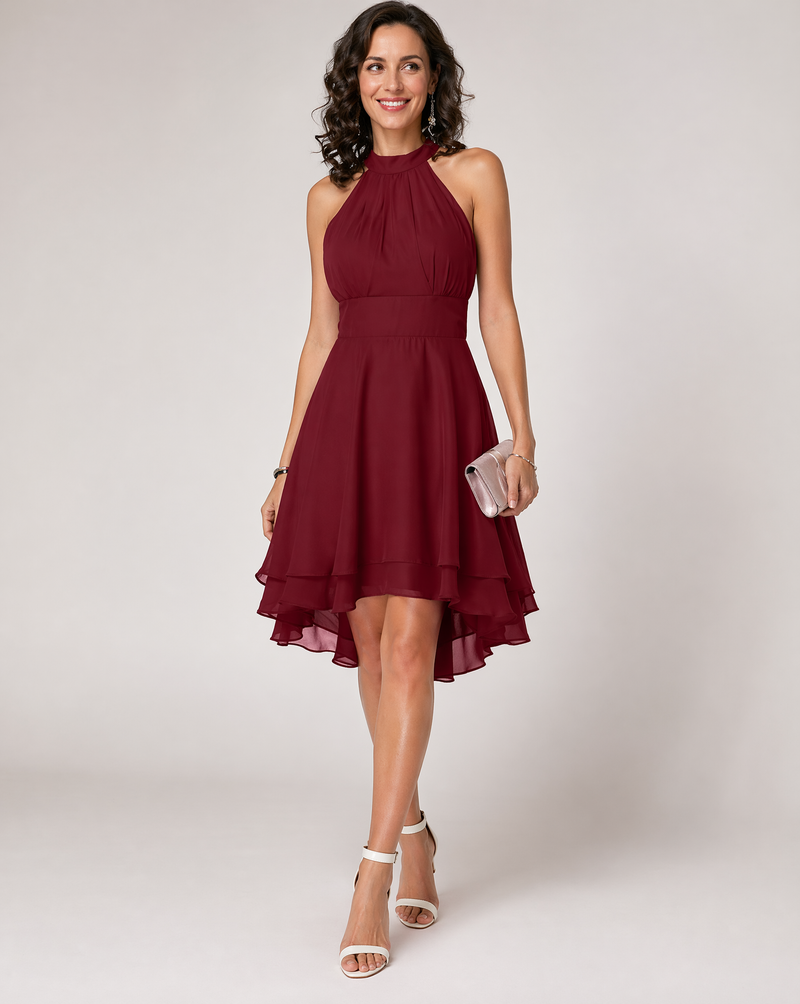 Fabienne Halter Neck Gathered Bodice High Low Hem Midi Dress
