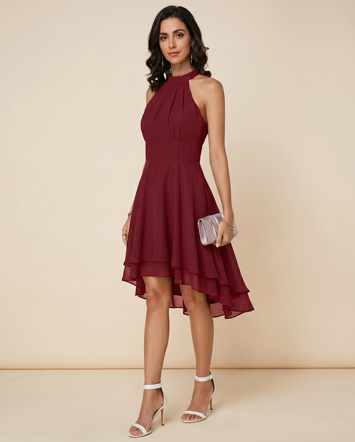 Fabienne Halter Neck Gathered Bodice High Low Hem Midi Dress