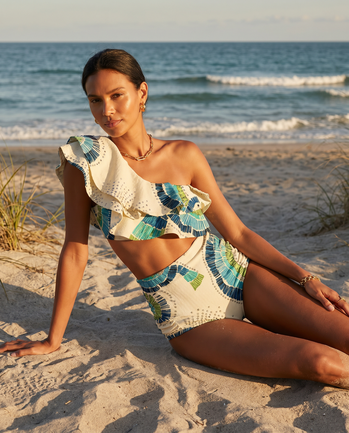 Maylis One Shoulder Ruffle Print High Waist Two Piece Bikini