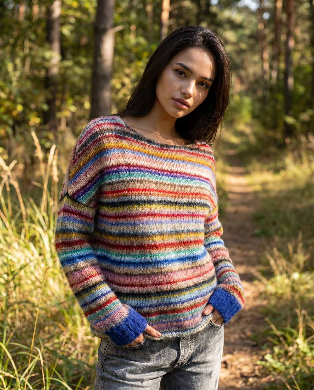 Clemence Multi Stripe Fine Knit Relaxed Crew Neck Jumper