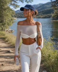 Adrienne Off Shoulder Twist Front Sheer Sleeve Cropped Top