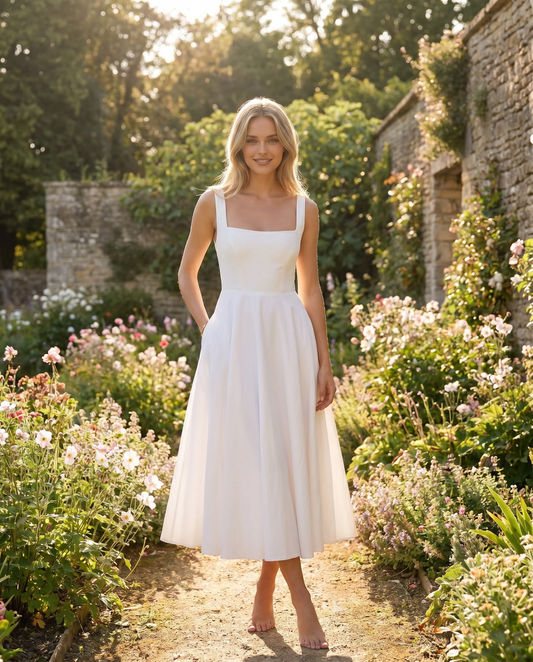 Gwendolen Square Neck Wide Strap Fitted Bodice Flare Midi Dress
