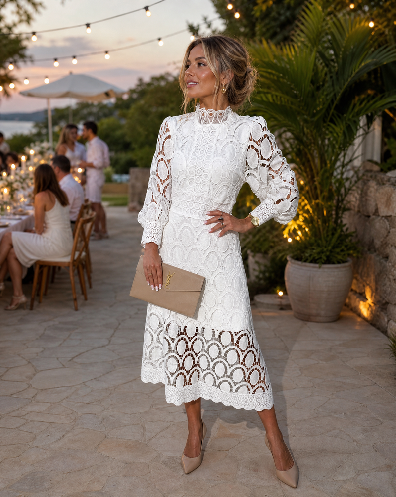 Amelie Open Lace Panel High Neck Long Sleeve Midi Dress