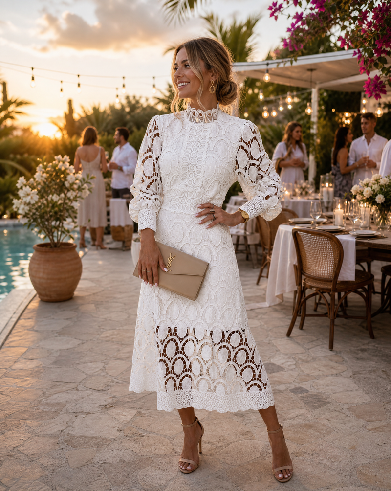 Amelie Open Lace Panel High Neck Long Sleeve Midi Dress
