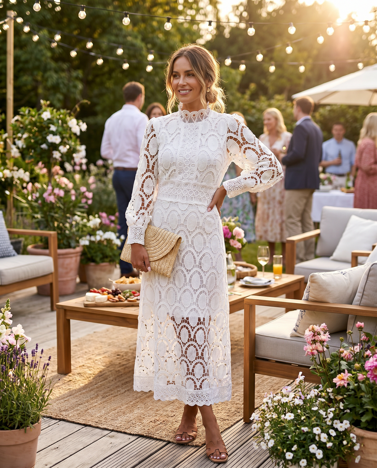 Amelie Open Lace Panel High Neck Long Sleeve Midi Dress