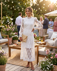 Amelie Open Lace Panel High Neck Long Sleeve Midi Dress