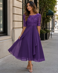 Arielle Lace Bodice Pleated Chiffon Skirt Occasion Midi Dress