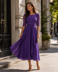 Arielle Lace Bodice Pleated Chiffon Skirt Occasion Midi Dress