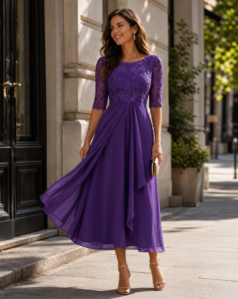 Arielle Lace Bodice Pleated Chiffon Skirt Occasion Midi Dress