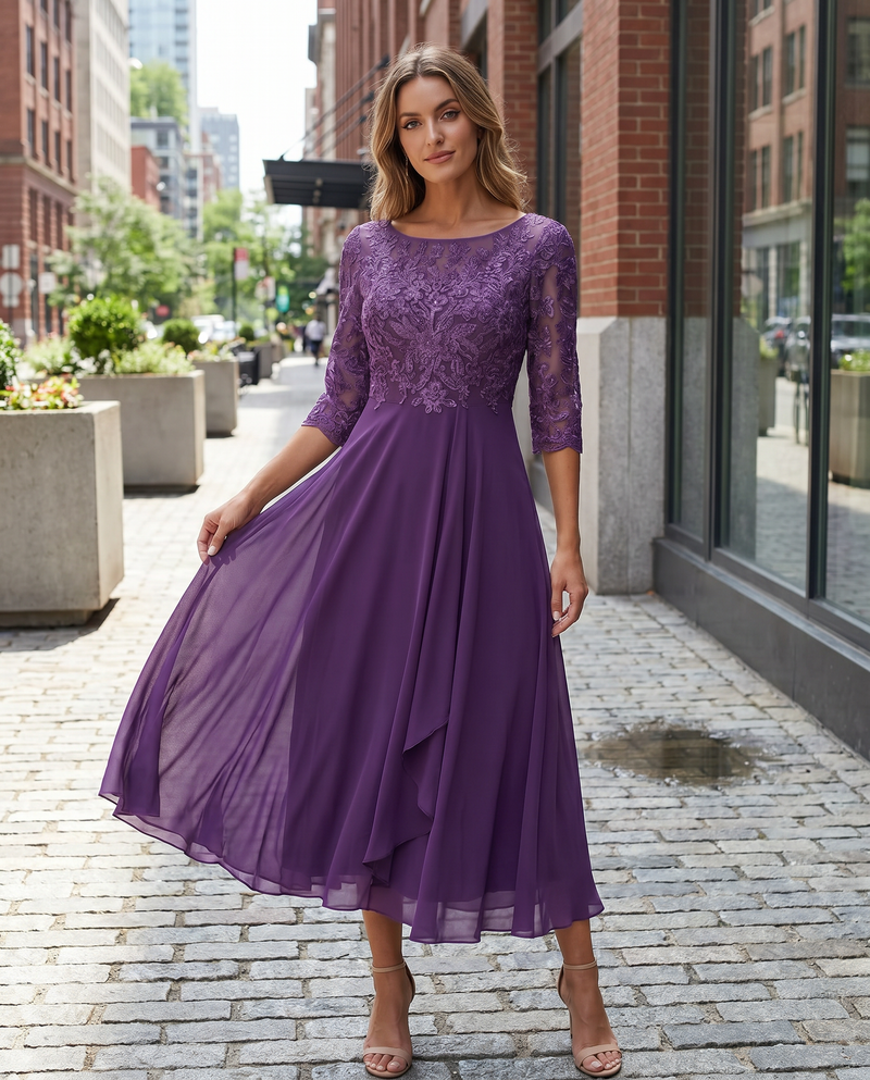 Arielle Lace Bodice Pleated Chiffon Skirt Occasion Midi Dress
