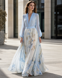 Bellamy Contrast Bodice Floral Skirt Blouson Sleeve Maxi Dress