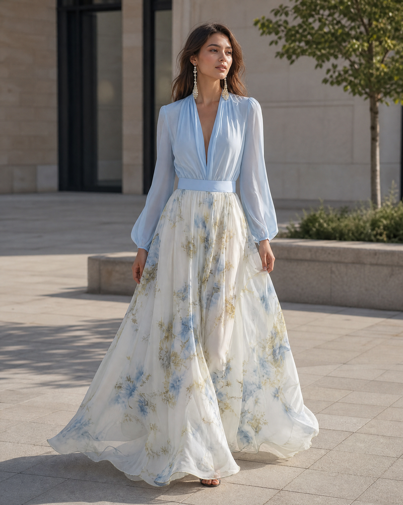 Bellamy Contrast Bodice Floral Skirt Blouson Sleeve Maxi Dress
