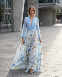 Bellamy Contrast Bodice Floral Skirt Blouson Sleeve Maxi Dress