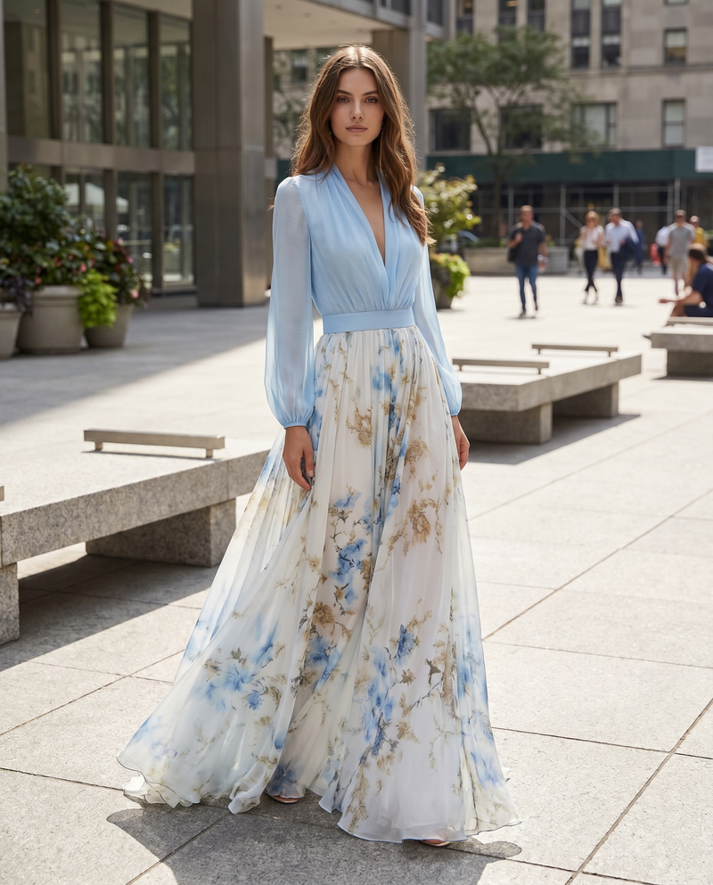 Bellamy Contrast Bodice Floral Skirt Blouson Sleeve Maxi Dress