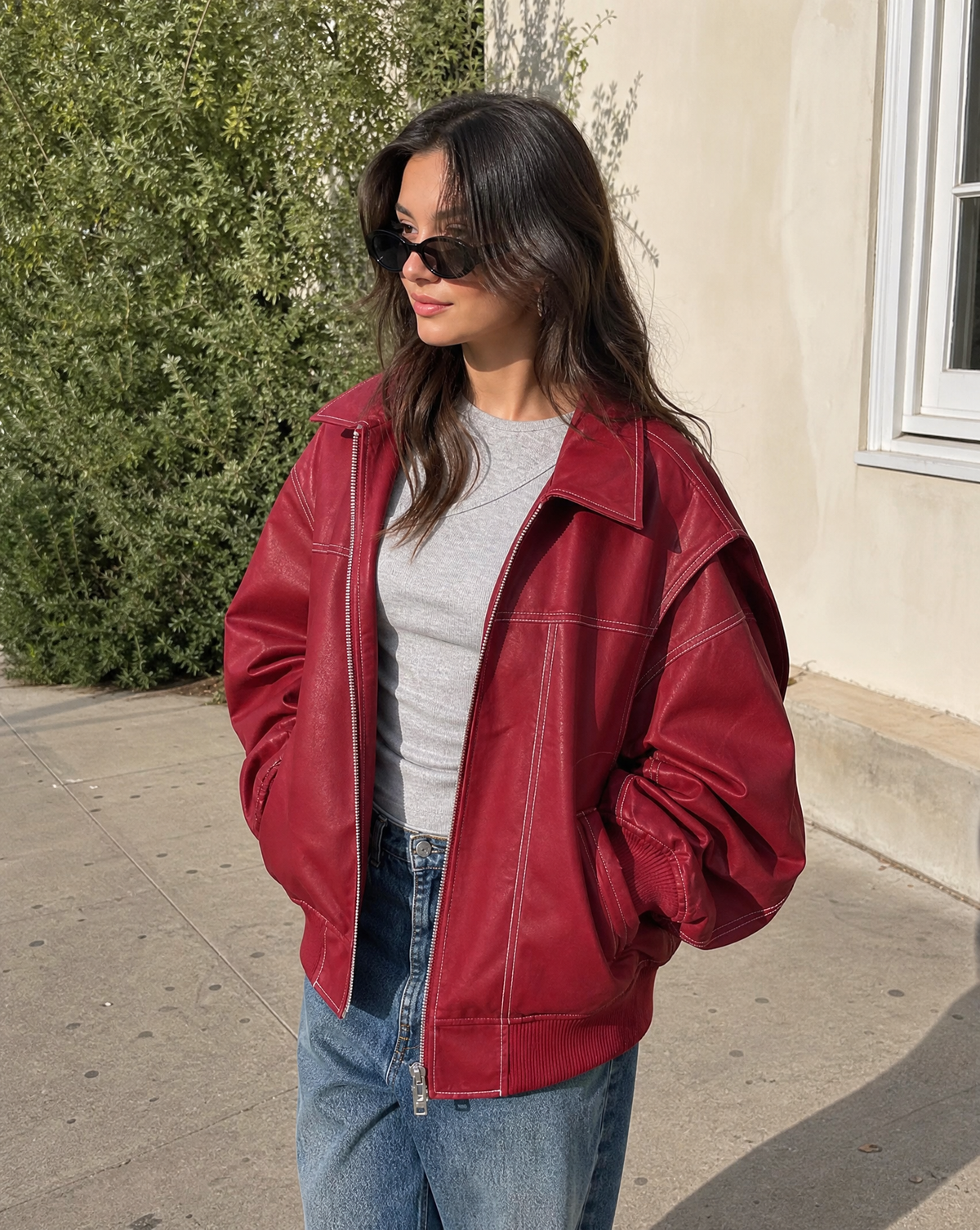Mirabel Contrast Stitch Oversized Washed Bomber Jacket