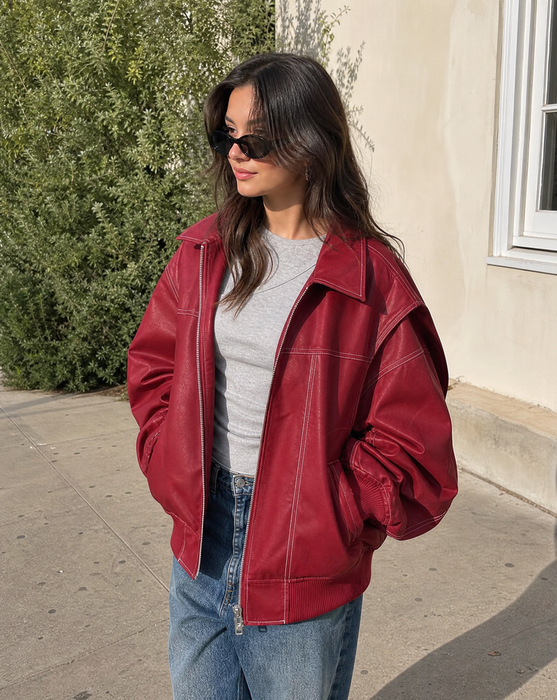 Mirabel Contrast Stitch Oversized Washed Bomber Jacket