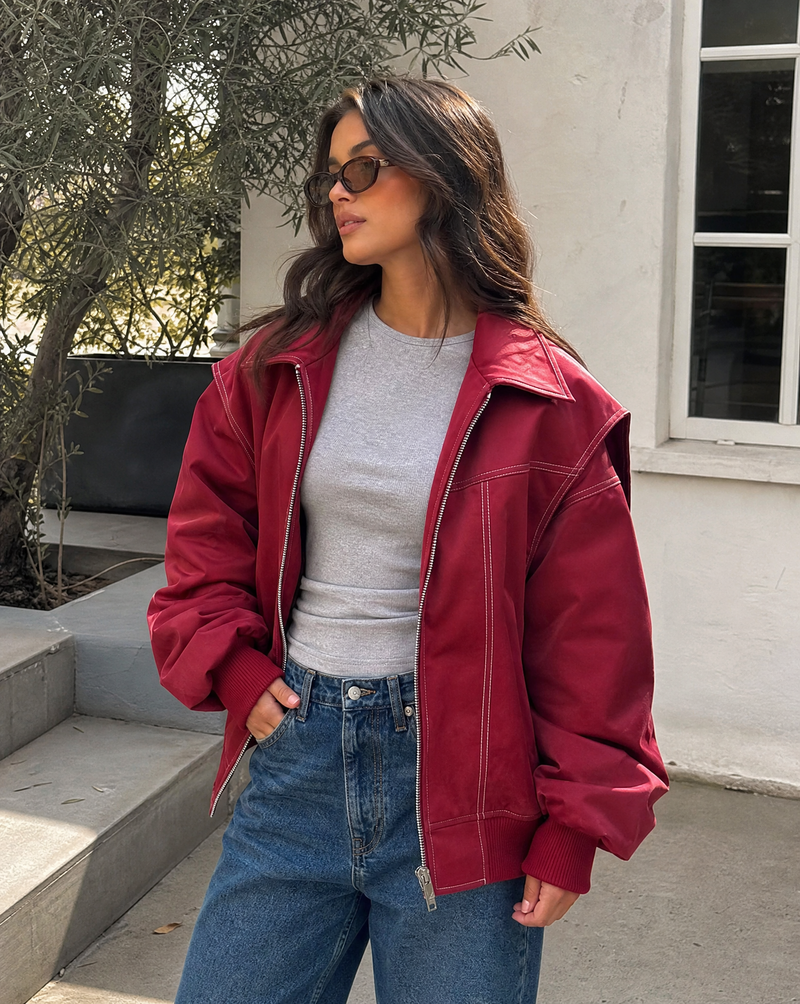 Mirabel Contrast Stitch Oversized Washed Bomber Jacket