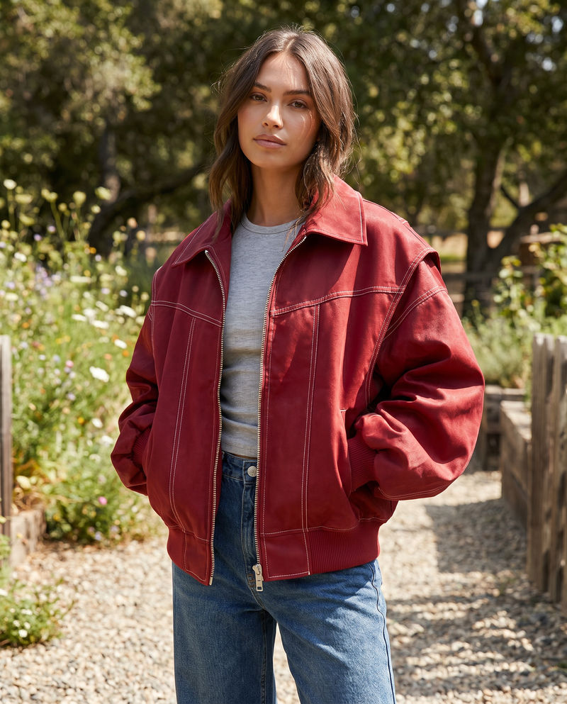 Mirabel Contrast Stitch Oversized Washed Bomber Jacket