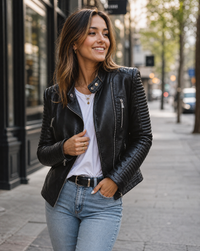 Philippa Quilted Panel Zip Detail Fitted Moto Biker Jacket