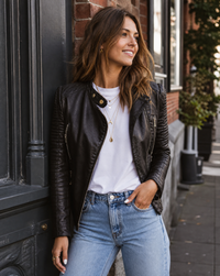 Philippa Quilted Panel Zip Detail Fitted Moto Biker Jacket