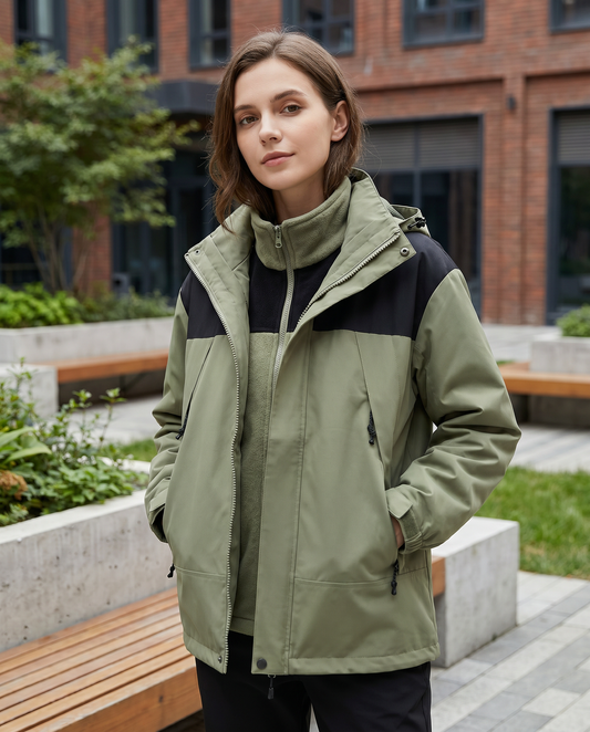 Evangeline Colour Block Hooded Zip Front Outdoor Shell Jacket - Green