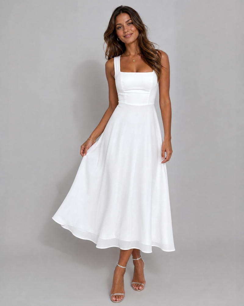 Brigitte Squared Neck Wide Strap Full Circle Skirt Midi Dress