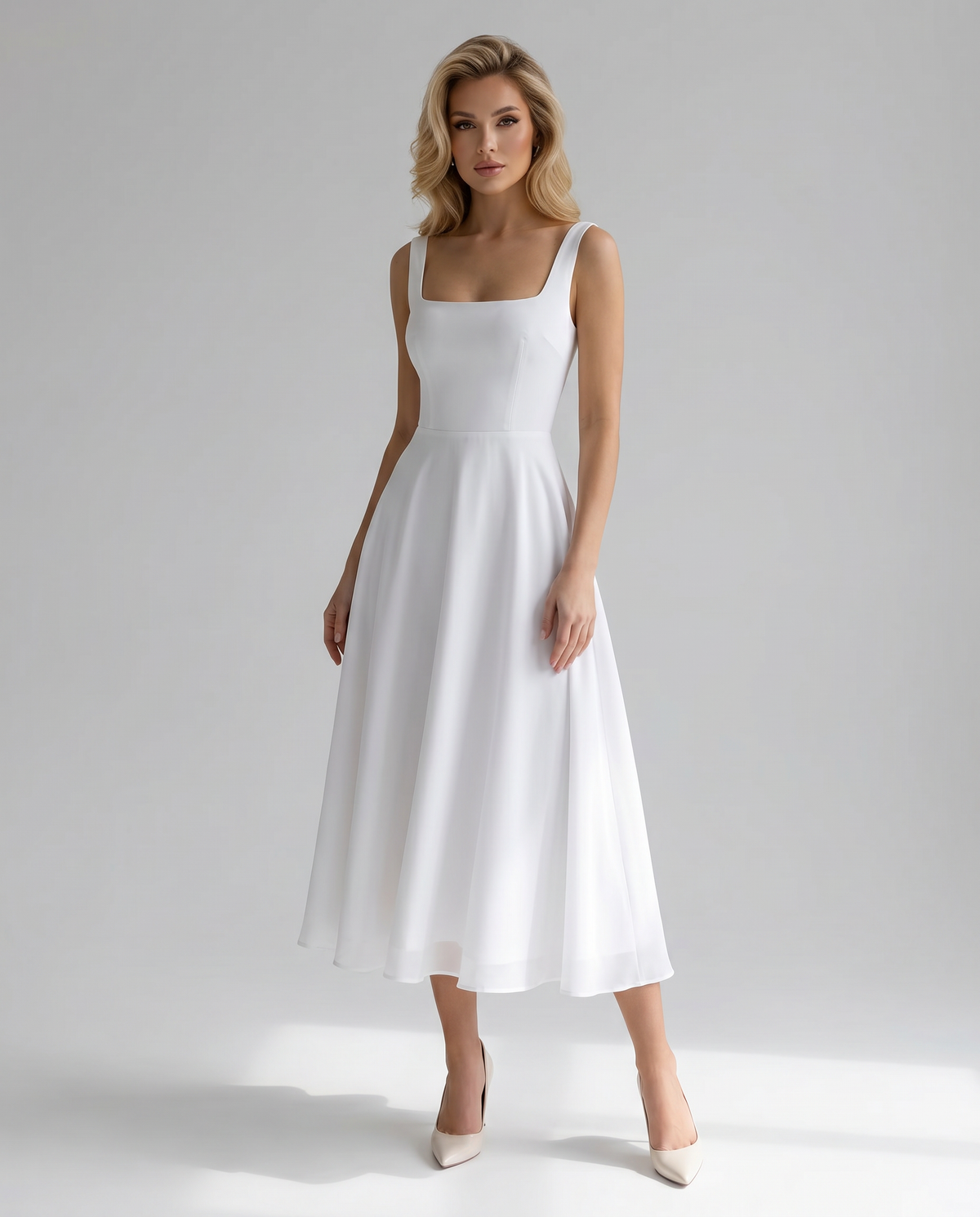 Brigitte Squared Neck Wide Strap Full Circle Skirt Midi Dress