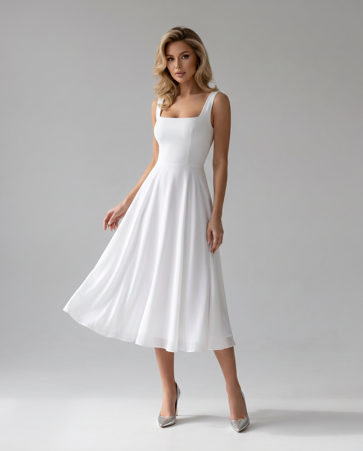 Brigitte Squared Neck Wide Strap Full Circle Skirt Midi Dress